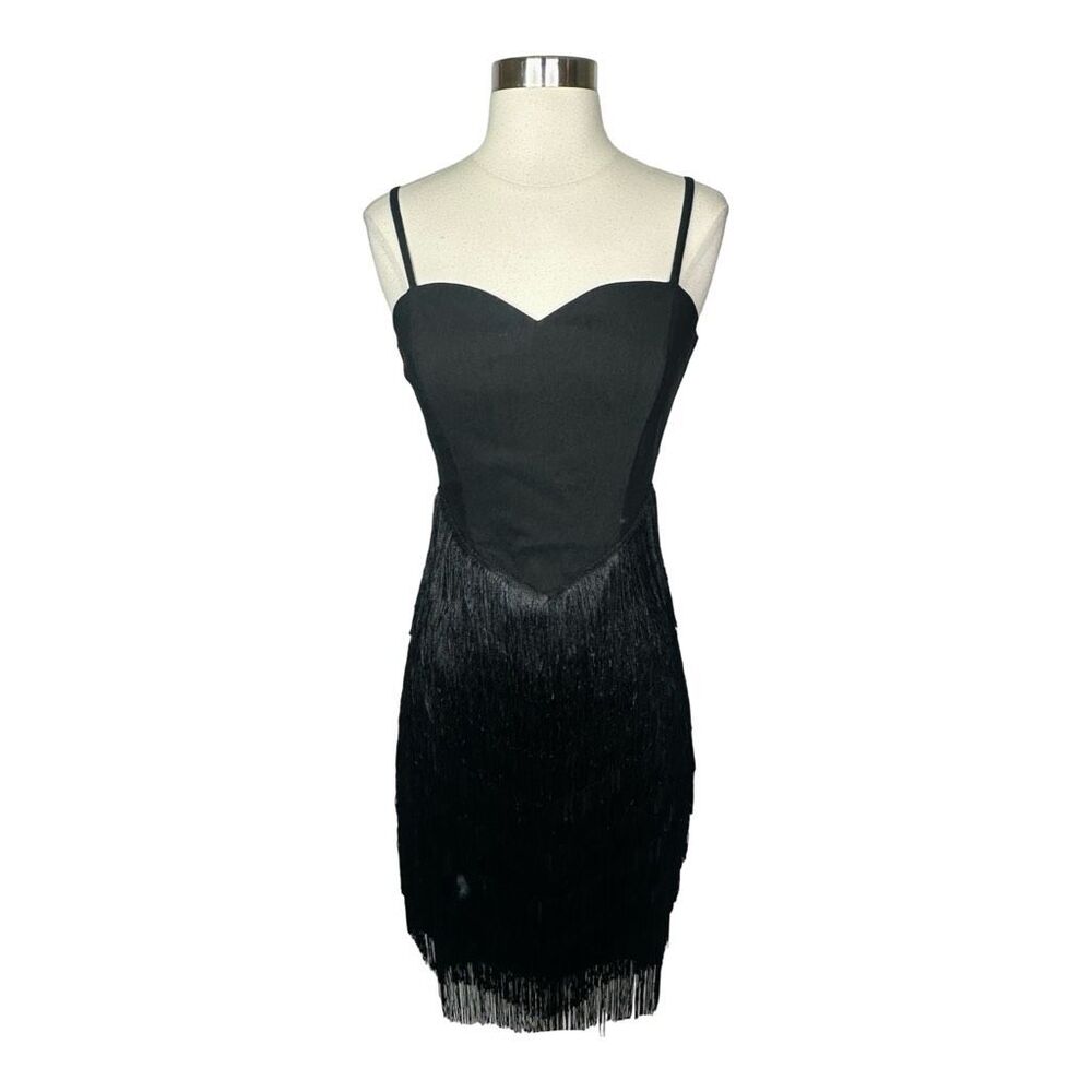 Unique Vintage Black Chevron Fringe Pencil Dress - Size Medium - Picture 2 of 7